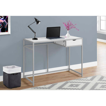 White Computer Desk with Storage Drawer - Silver Metal Frame