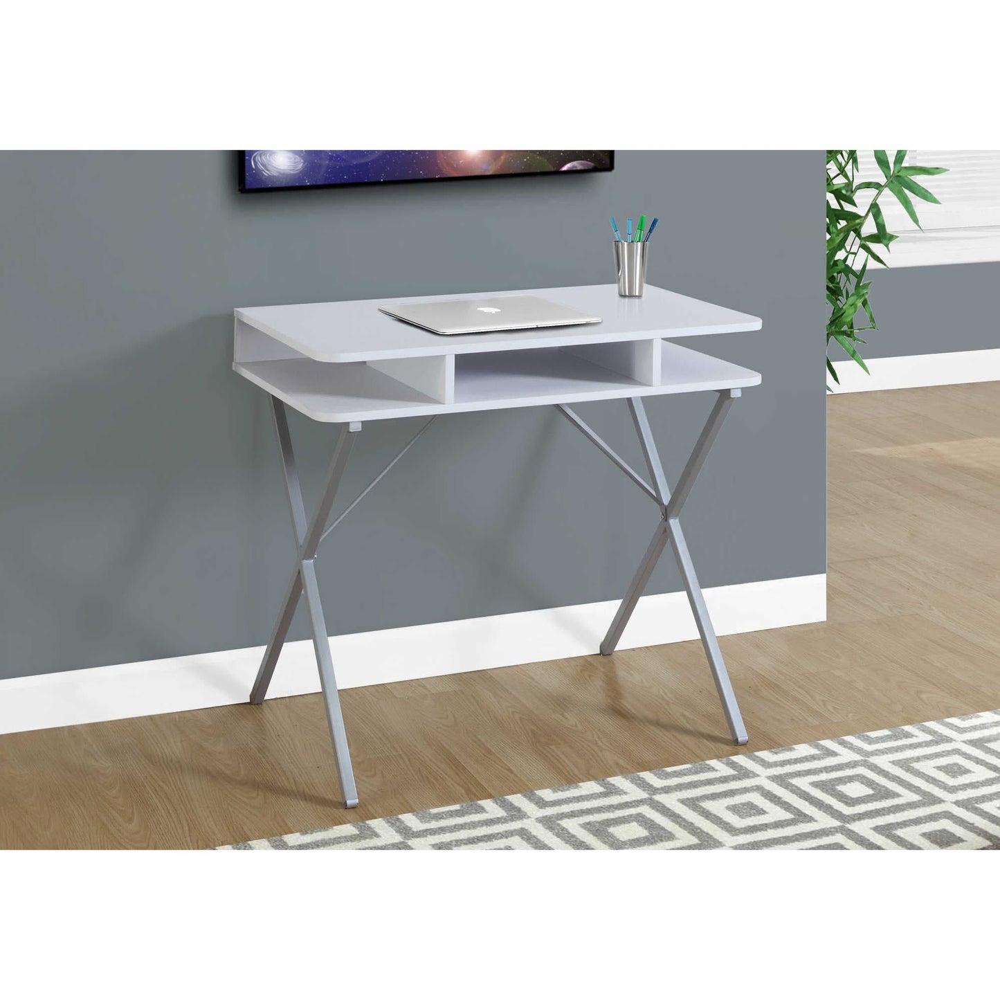 31" White Computer Desk with Storage Shelves – Modern X-Design