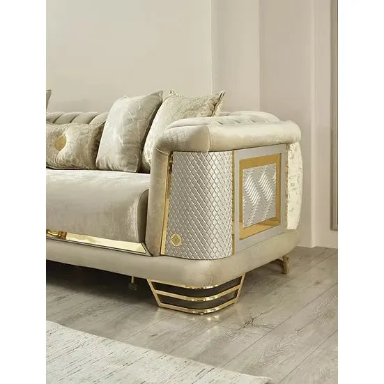 ROMANCE Sofa Set – Beige & Gold Textured Fabric with Steel Legs and Dual Design Options