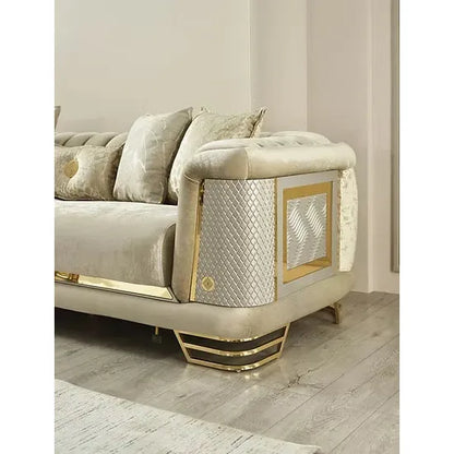 ROMANCE Sofa Set – Beige & Gold Textured Fabric with Steel Legs and Dual Design Options