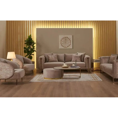 ELIZA Sofa Set – Beige & Gold Fabric Seating with Stainless Steel Legs
