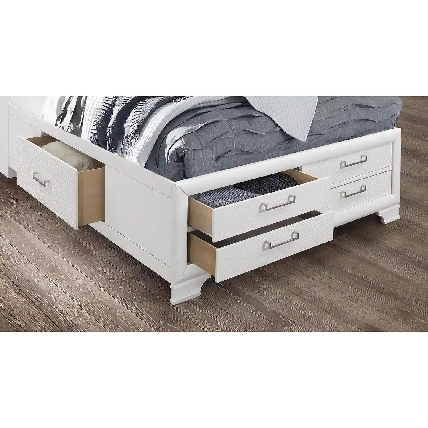 Jordyn White bed frame with open drawers 