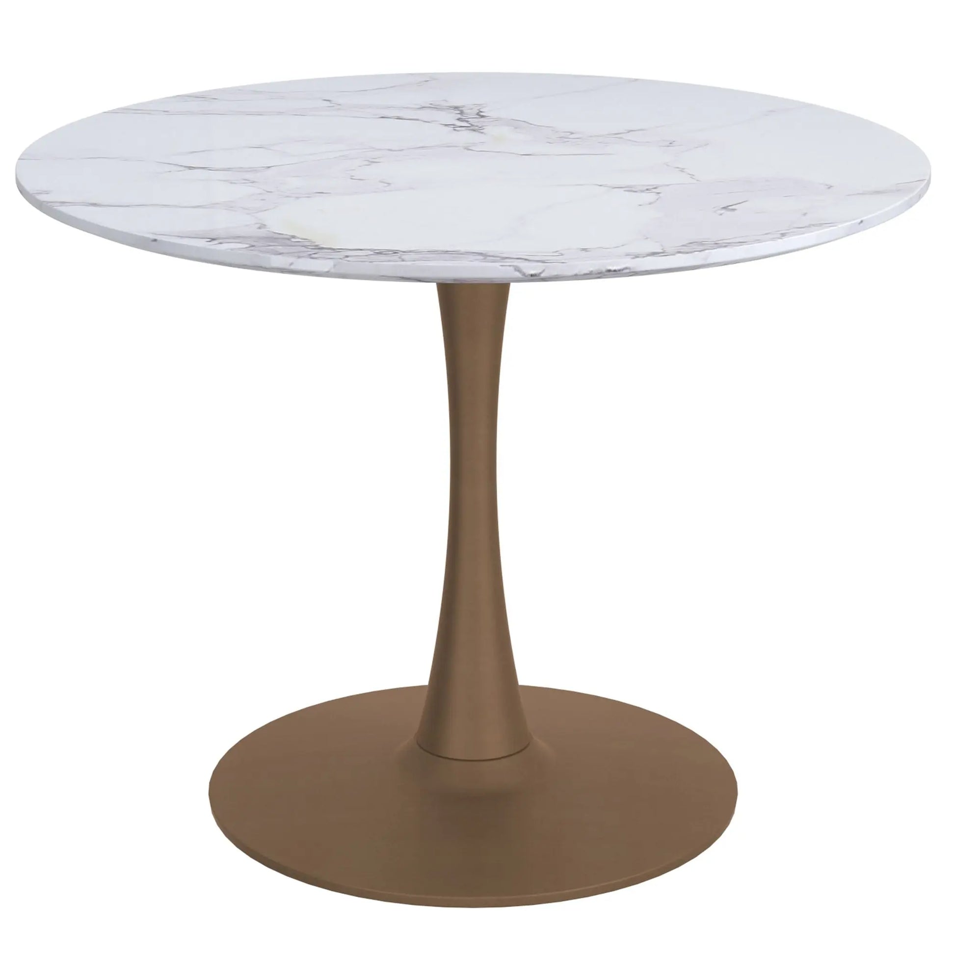 Round table with marble top and brown base on a white background