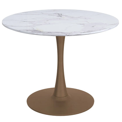 Round table with marble top and brown base on a white background