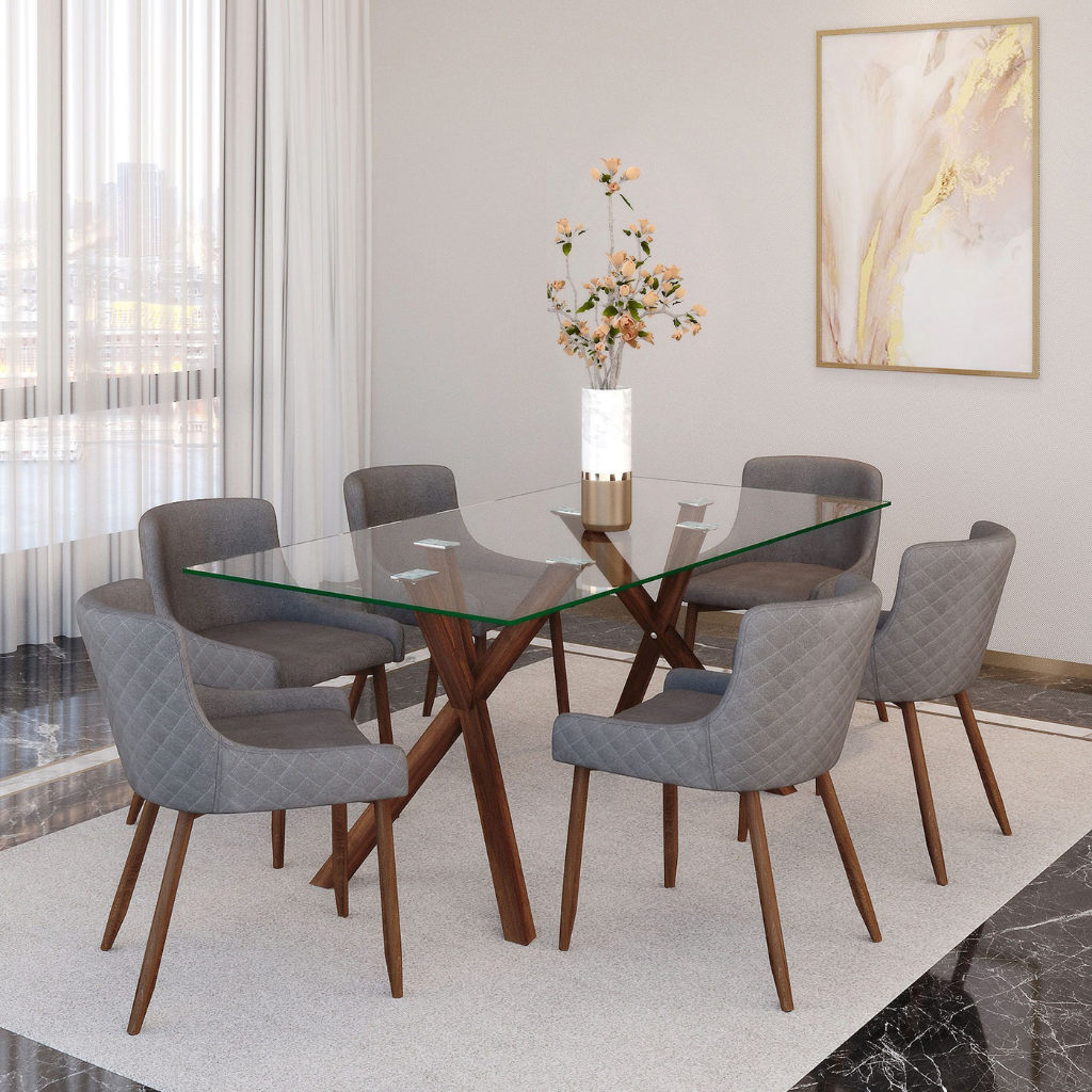 Stark 71 Modern Glass Dining Table with Metal Geometric Base