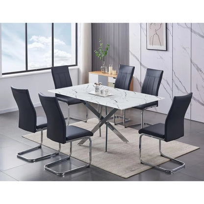 Dining room set with white marble table and black chairs