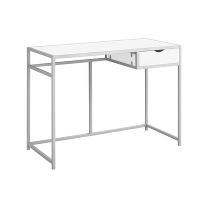 White Computer Desk with Storage Drawer - Silver Metal Frame