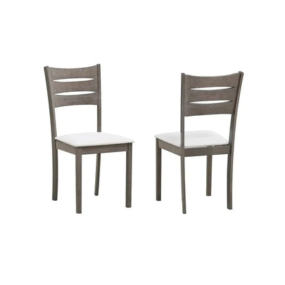 Two grey dining chairs with cream fabric cushions 